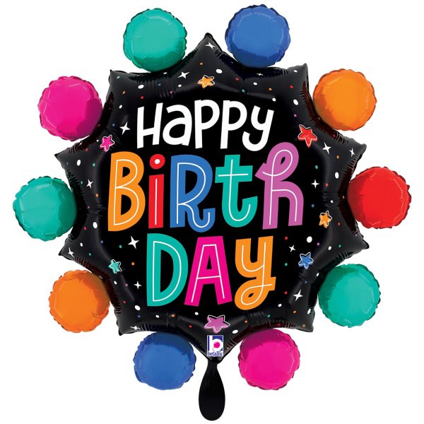 Happy Birthday Folienballon - Bunte Ballons Schwarz - 71x71cm