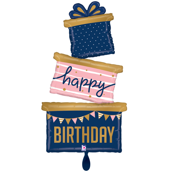 Happy Birthday Folienballon - Geschenke Stapel Navy & Rosa - 52x89cm