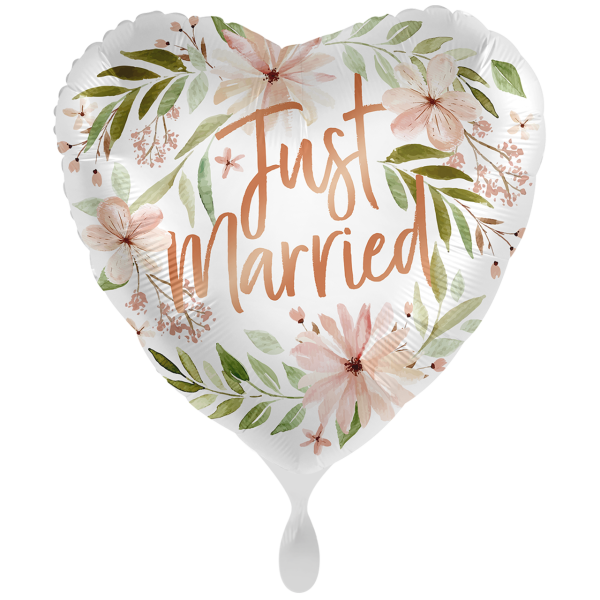 Folienballon Herz „Just Married“ Blumen Weiß Rosegold