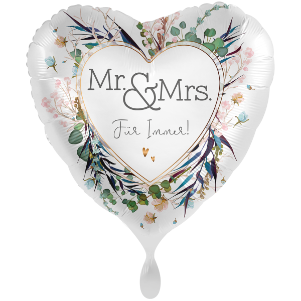 Folienballon Herz „Mr. & Mrs. Für Immer!“ Botanik Weiß