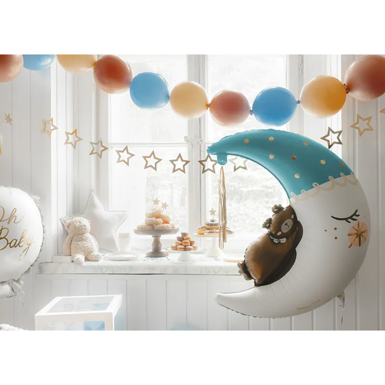 Folienballon Mond mit schlafendem Bär Türkis