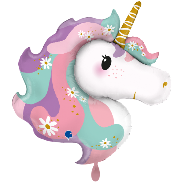 Folienballon Einhorn-Kopf mit Blumen Pastell