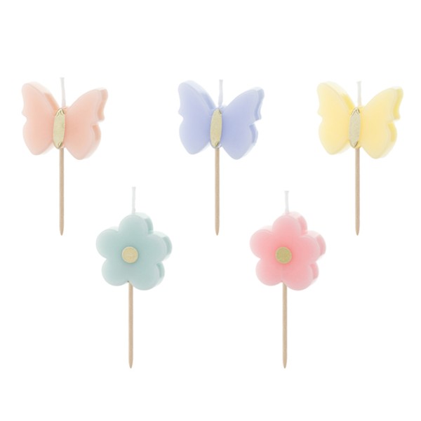 Tortenkerzen Schmetterlinge & Blumen Pastell 3,5cm 5 Stück