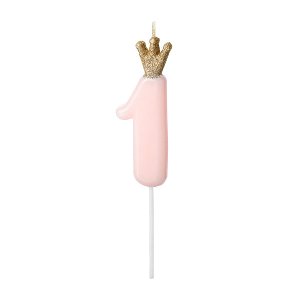 Geburtstagskerze Zahl 1 mit Krone Rosa 9,5cm