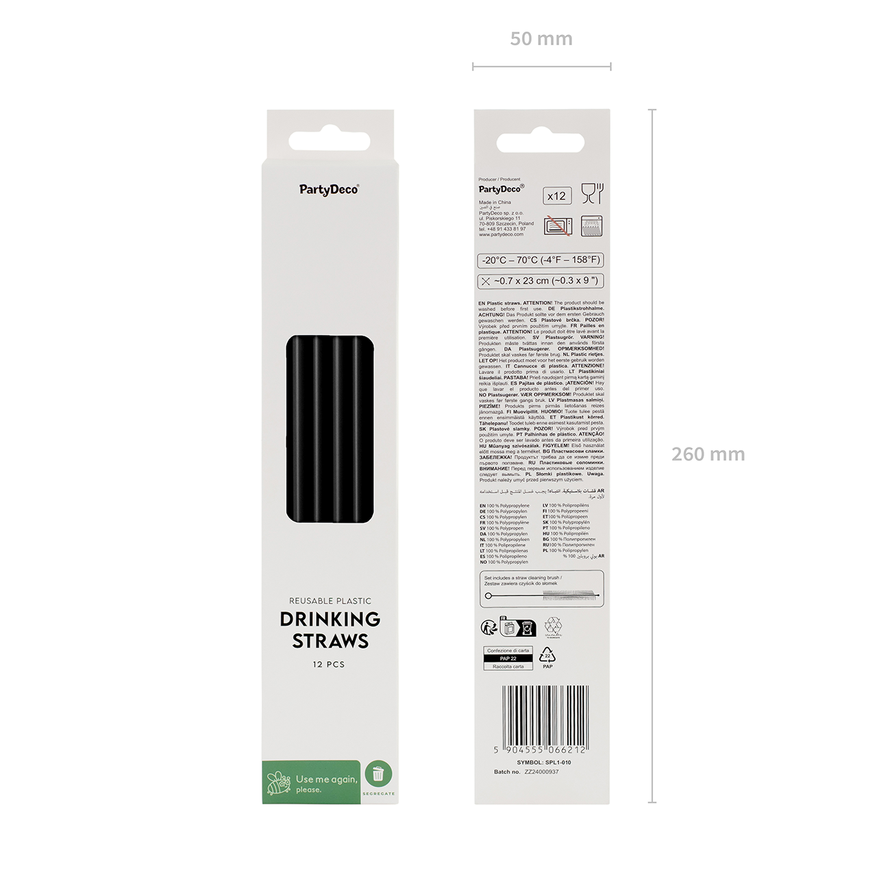 Wiederverwendbare Strohhalme Schwarz 12er-Set mit Reinigungsbürste